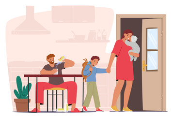 Mother, Burdened With Children, Departs From Home, Leaving Behind A Drunken Father Character With A Bottle