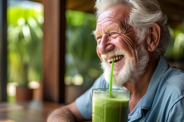 Elderly man enjoying a refreshing and healthy green smoothie with joy. Concept Healthy Lifestyle, Green Smoothie, Elderly Happiness, Refreshing Drink