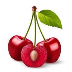 A stems with red cherries, accompanied by a green leaf, placed on a white. The stem holds three sweet cherry fruits, with one of them cut in half revealing its pit - 740150606