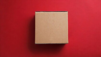 Brown closed cardboard boxes on red backdrop. Craft eco package. Flat lay