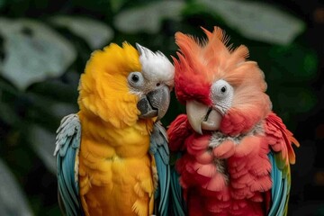 Two vividly colored parrots are standing gracefully next to each other, showcasing their beautiful plumage and striking presence