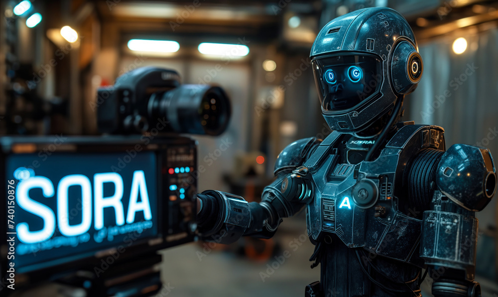 Poster advanced humanoid robot filmmaker demonstrating sora text-to-video ai model in a high-tech videograp