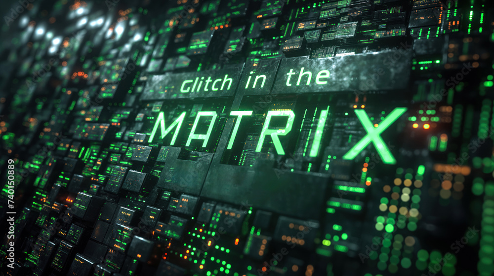 Poster abstract concept of a cyber glitch in the matrix illustrated by 3d text amidst green digital data an