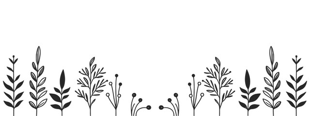 Black silhouettes of meadow wild herbs and flowers. Wildflowers. Floral background. Wild grass. Vector illustration. - obrazy, fototapety, plakaty