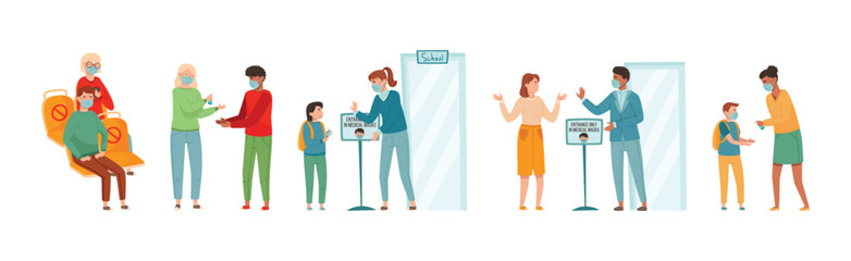 Coronavirus with People Characters Engaged in Protective Measure Vector Set