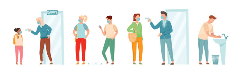 Coronavirus with People Characters Engaged in Protective Measure Vector Set