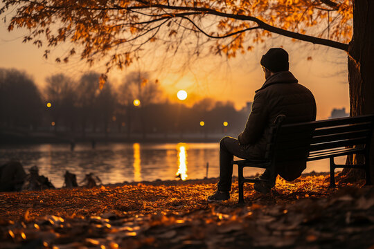 person sitting on bench at sunset