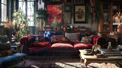 A bohemian chic living room with a velvet sofa, eclectic decor, and layers of textiles