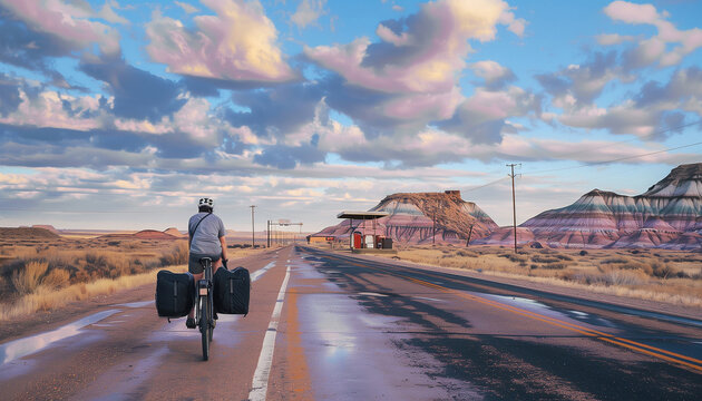 Tourer on touring bike heading to Old abandoned gas station on deserted empty asphalt road somewhere on America's South. Mountain view vanilla sky sunset landscape. Traveling and sporty people concept