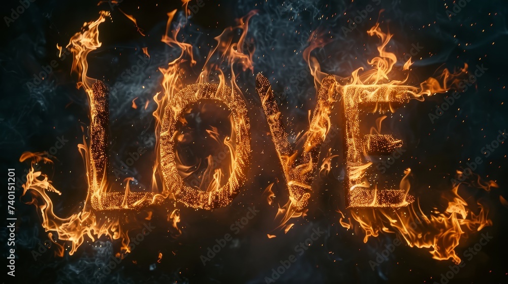 Aufkleber word love spelled out in fiery letters against a black background. the flames are vibrant and dynami