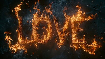 word love spelled out in fiery letters against a black background. The flames are vibrant and dynamic, creating a striking contrast with the darkness of the backdrop - obrazy, fototapety, plakaty