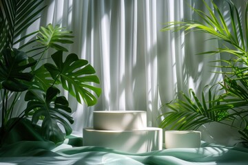 An array of white display pedestals in a sunlit room with dramatic Monstera leaf shadows casting over them, creating a vibrant botanical display.