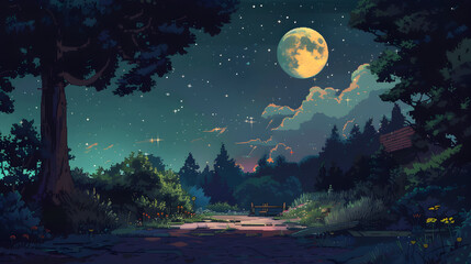 A painting of a path leading to a forest with a moon and stars,,
A dark forest with a moon in the sky