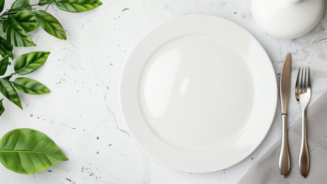 Table setting, empty plate, fork, knife and napkin with natural decoration. Top view