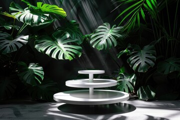 Obraz premium Dense tropical foliage surrounds sleek white display pedestals, casting shadows and light in a vibrant jungle-like environment.