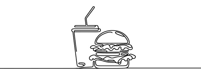 Continuous one line drawing fastfood: hamburger and a glass of soda