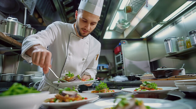 Local business. Young chef  restaurant's kitchen preparing meals