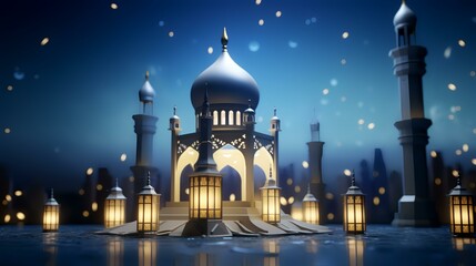 Fototapeta na wymiar 3D illustration of Ramadan Kareem's background with mosque and moonlight