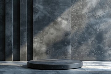 Contemporary minimalist design featuring a low round table with ambient underglow, set against a textured concrete wall with natural light patterns.