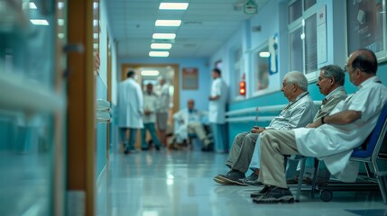 Pictures of patients and doctors talking during ward rounds, 16:9 - obrazy, fototapety, plakaty