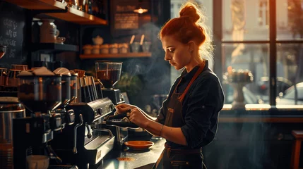 Papier Peint photo Lavable Magasin de musique Local business. Young barista standing in her  coffeeshop, preparing coffee