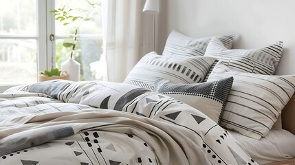 a bedroom with Scandinavian inspired bedding featuring geometric patterns or stripes