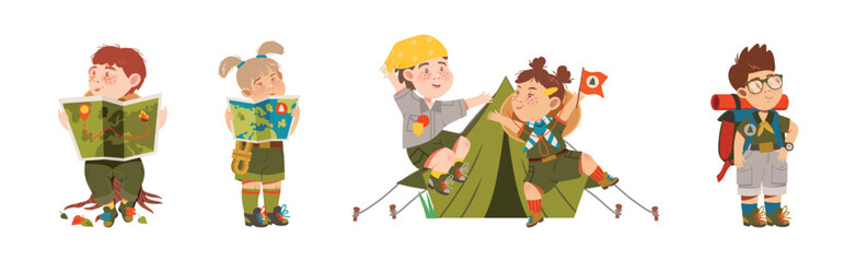 Funny Boy and Girl Scout Character in Uniform Enjoy Adventure Vector Set