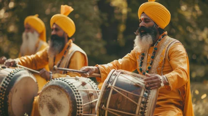 Fotobehang Sikh drummers in yellow robes and turbans play traditional drums, festive atmosphere of Baisakhi, poster © Dmitriy