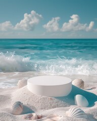 Fototapeta na wymiar Three round marble platforms resting on a sandy beach as the backdrop of foamy sea waves creates a serene yet dynamic setting.