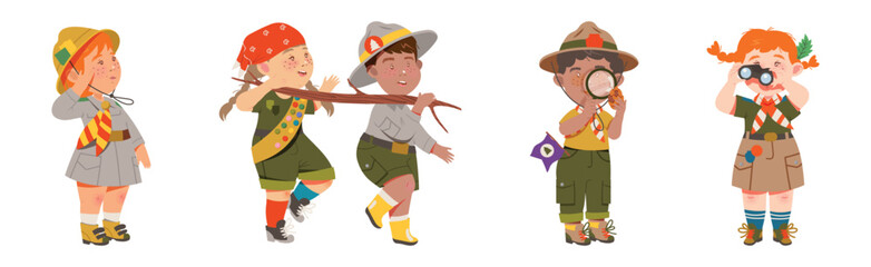 Funny Boy and Girl Scout Character in Uniform Enjoy Adventure Vector Set