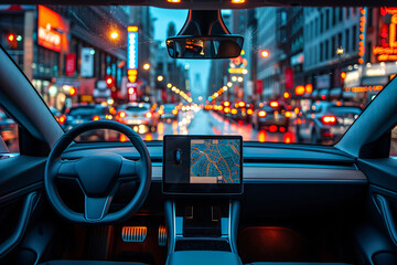 View from inside an electric vehicle showing a bustling urban street through the windshield at dusk..