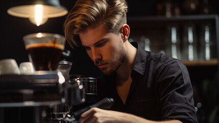 Local business. Young barista standing in his coffeeshop, preparing coffee