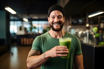 Joyful Man Displaying His Nutritious Green Smoothie Intact at the Gym. Concept Sports Nutrition, Healthy Living, Workout Routine, Fitness Inspiration, Post-Workout Snack