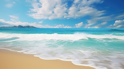 Fototapeta na wymiar Bright sunny yellow sand beach travel background. Beautiful turquoise sea.