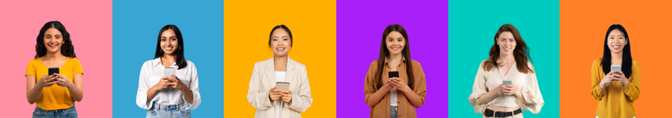 A diverse group of six women with positive expressions standing against colorful backgrounds