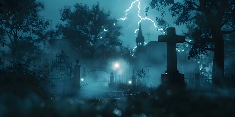 Eerie cemetery at night with lightning illuminating distant trees in fog. Concept Nighttime Photography, Eerie Atmosphere, Cemetery Scene, Foggy Night, Lightning Effects