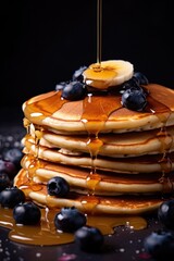 Delicious stack of pancakes topped with syrup and fresh blueberries. Perfect for food and breakfast concepts