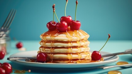 Delicious stack of pancakes topped with syrup and fresh cherries. Perfect for breakfast or food concepts - Powered by Adobe