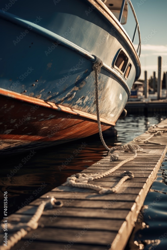 Poster boat tied up to a dock with a city in the background. suitable for travel websites