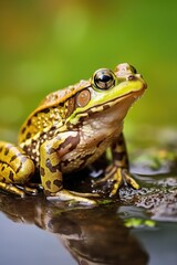 Obraz premium A frog sitting on top of a puddle of water. Suitable for nature and wildlife themes