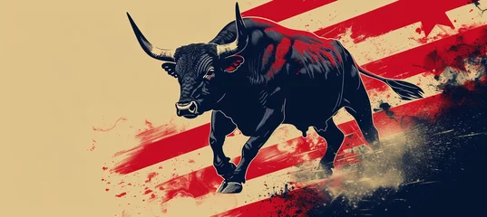 Foto op Plexiglas A large drawn bull against the background of the American flag as a symbol of the state of Texas. Revolution or bullfight concept, banner with copyspace © Sunny