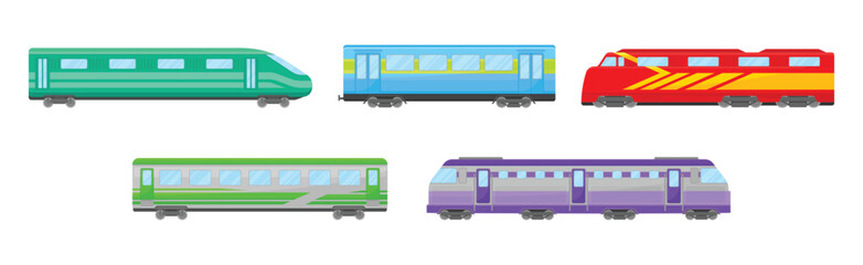 Passenger Train and Railway Carriage Railroad Transport Vector Set