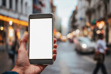 hand holding mobile phone with blank white screen over blurred background of city street