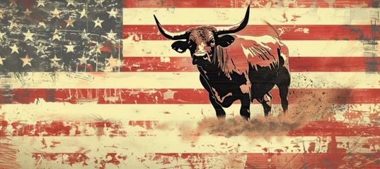 Schilderijen op glas A large drawn bull against the background of the American flag as a symbol of the state of Texas. Revolution or bullfight concept, banner with copyspace © Sunny