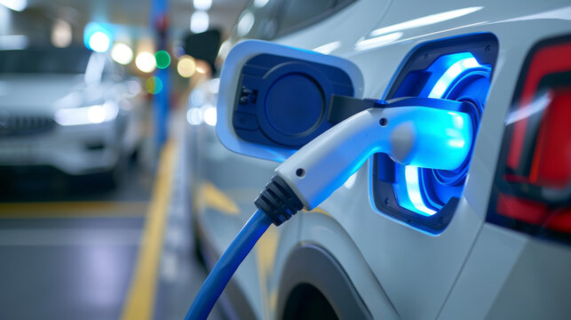 Voiture électrique en train de recharger à une borne, gros plan sur le câble de recharge connecter