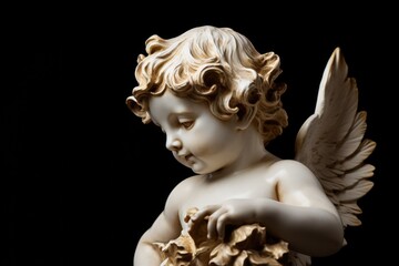 An angel statue holding a bouquet of flowers. Perfect for religious themes or memorial designs