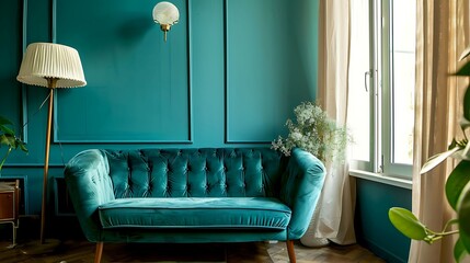 A vintage inspired guest room with a retro sofa in teal green, adding nostalgic charm to the decor