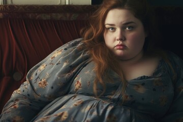 A woman in a blue dress sitting on a couch. Suitable for lifestyle and home decor concepts