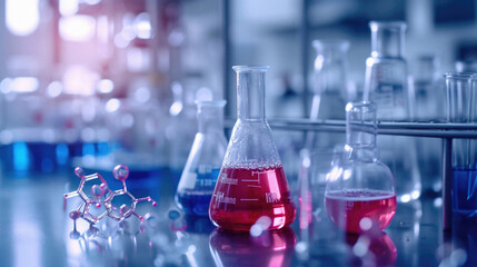 Laboratory glassware with chemical liquid on the table, science background