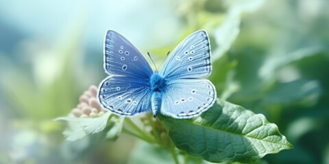Beautiful blue butterfly perched on a vibrant green leaf, perfect for nature and wildlife themes